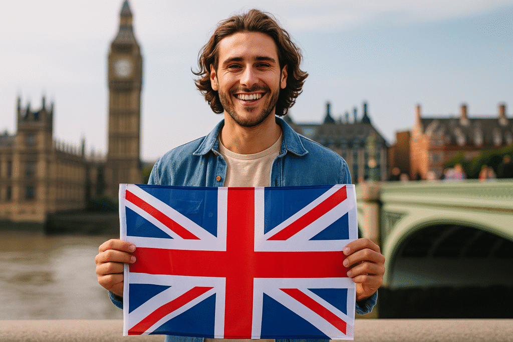 joven sonriendo con bandera del Reino Unido frente al Parlamento británico – declarar ingresos empresa en Reino Unido desde España